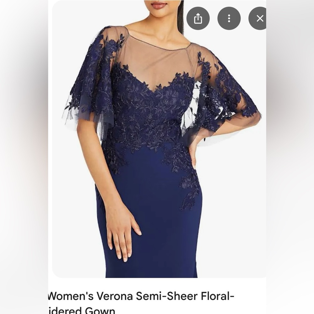 Elegant Navy Blue Semi-Sheer Floral Gown